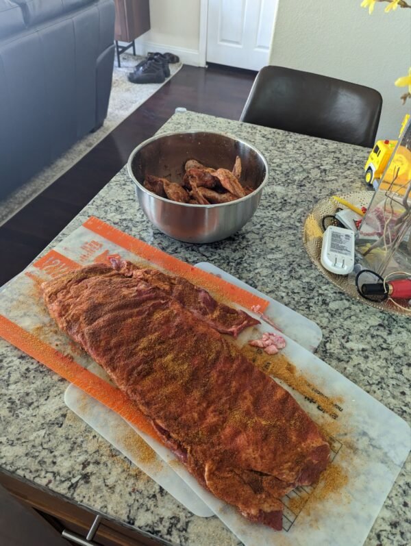 Getting ribs ready to be put onto the smoker or grill