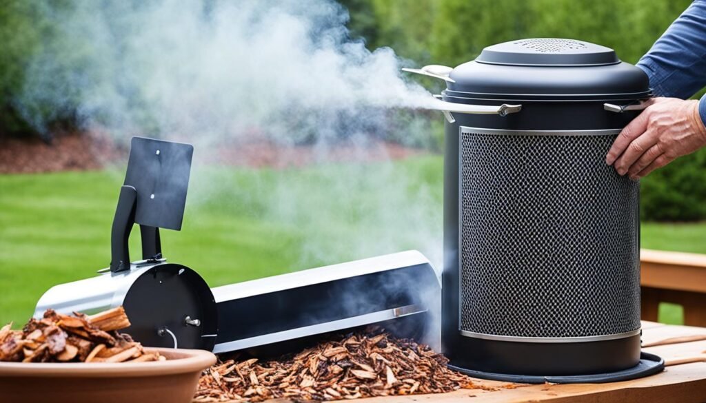 Replenish wood chips and water in smoker