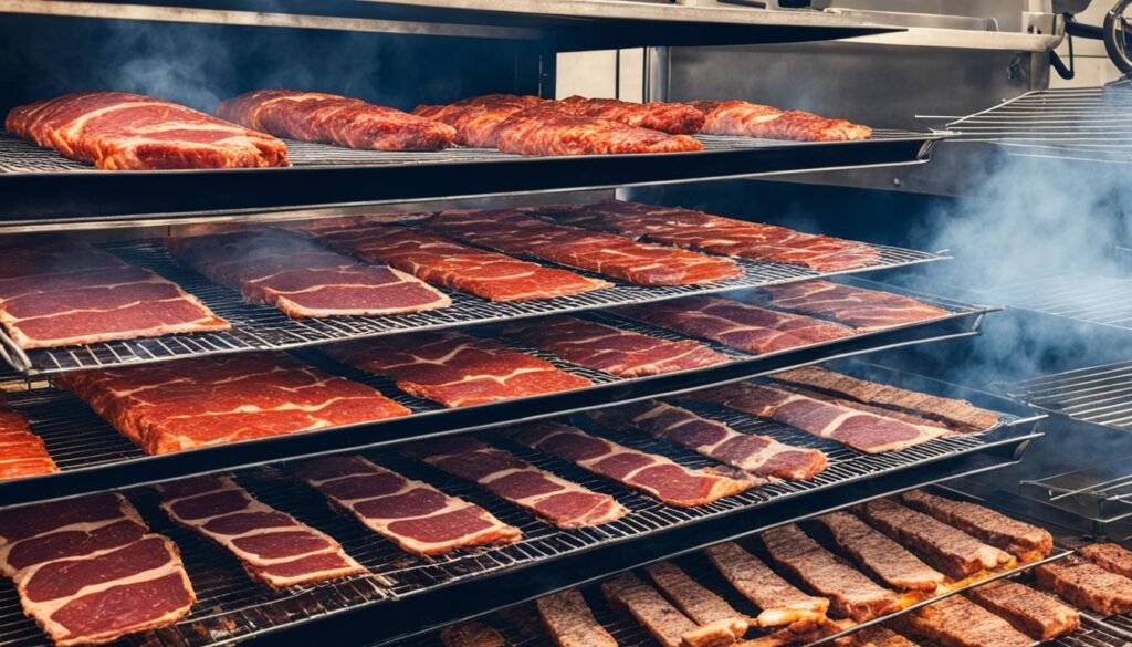 arranging meats on smoking racks